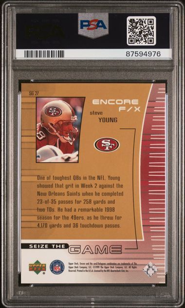 STEVE YOUNG 1999 UPPER DECK ENCORE SEIZE THE GAME #D 154/250 PSA 9 MINT POP 1/1