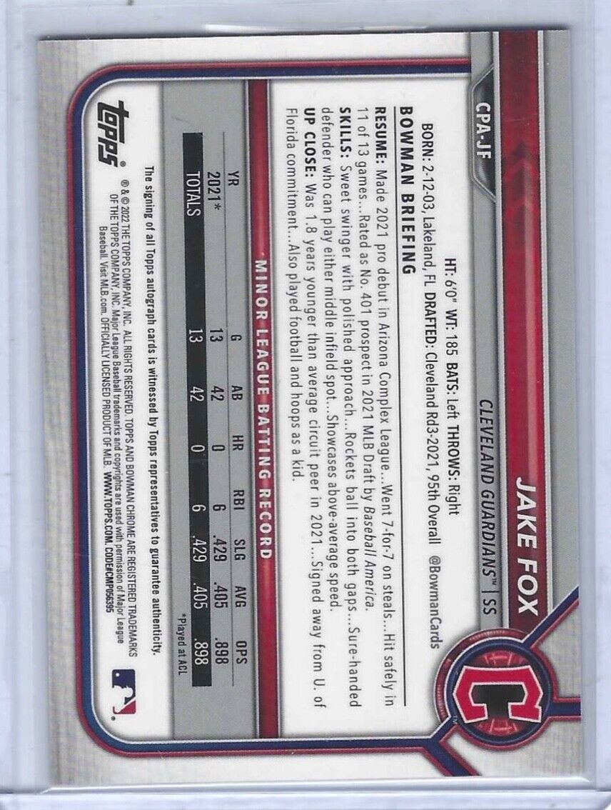 JAKE FOX 2022 BOWMAN CHROME DRAFT GOLD REFRACTOR PROSPECT AUTO #D 09/50