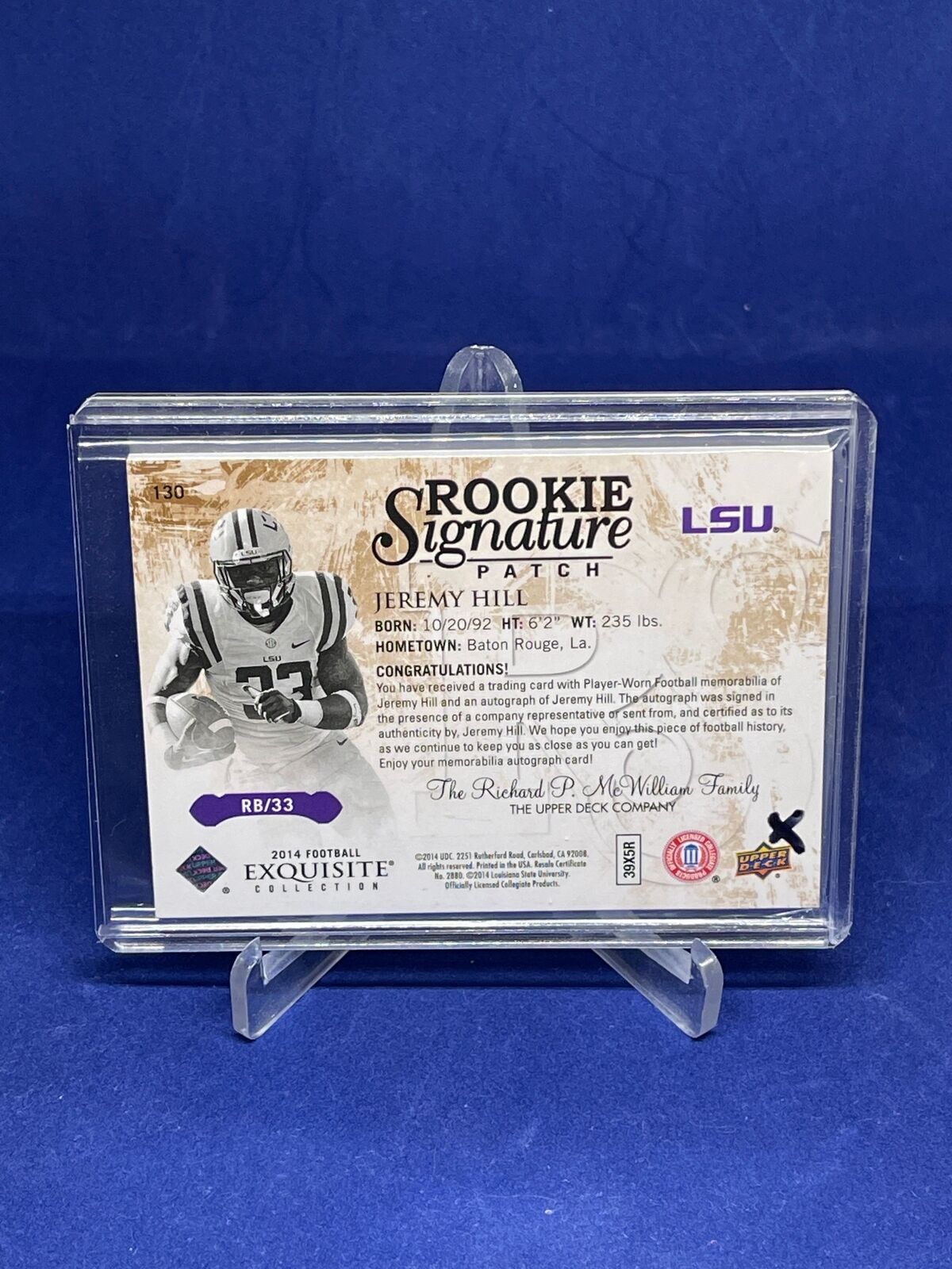 JEREMY HILL 2014 UPPER DECK EXQUISITE RPA BRONZE ROOKIE PATCH AUTO RC #D 19/20