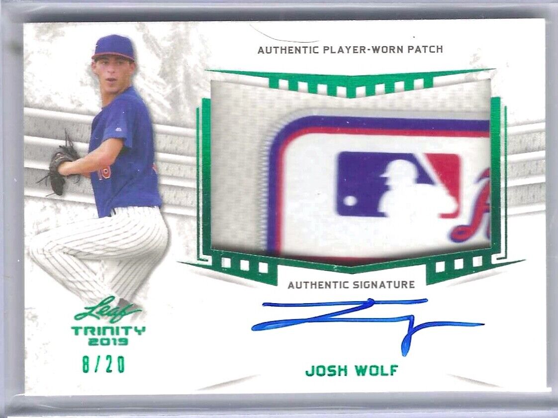 JOSH WOLF 2019 LEAF TRINITY GREEN FOIL GAME WORN MLB LOGO PATCH AUTO #D 8/20