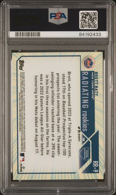 BRETT BATY 2023 TOPPS CHROME RADIATING ROOKIES RC REFRACTOR #9 PSA 9 MINT POP 7
