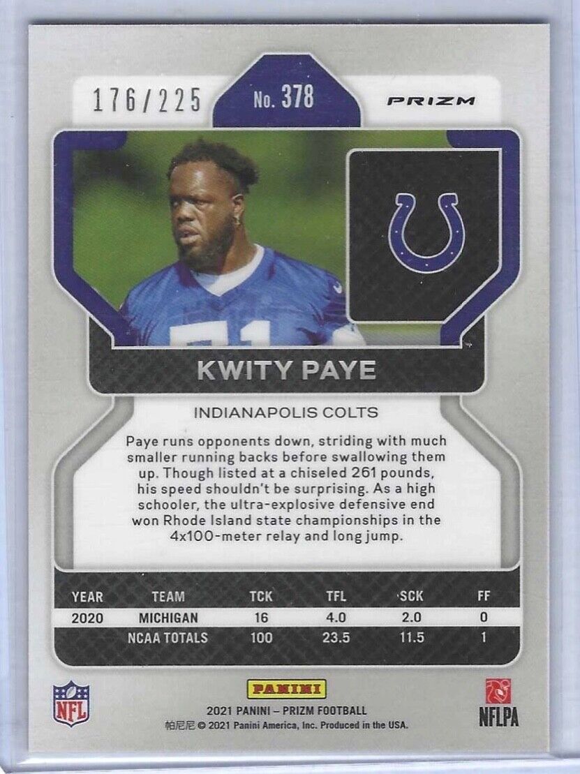 KWITY PAYE 2021 PANINI PRIZM PURPLE CRACKED ICE PRIZMS ROOKIE RC #D /225