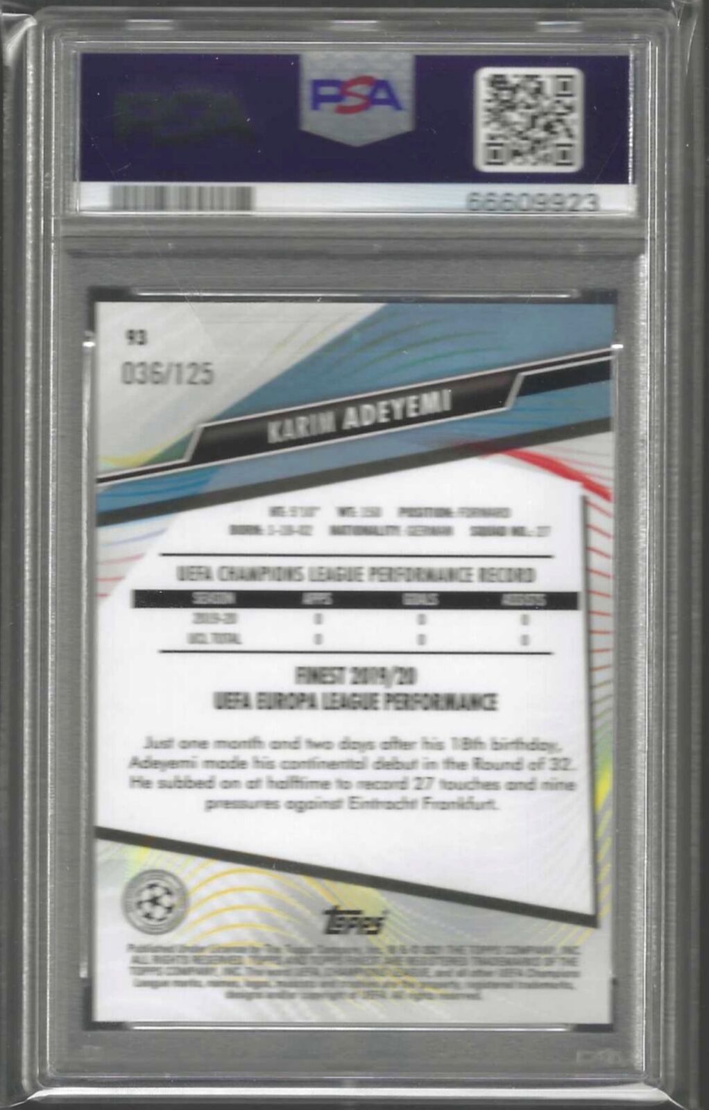 KARIM ADEYEMI 2020-21 TOPPS FINEST PINK HYPER REFRACTOR RC /125 PSA 10 POP 1/1