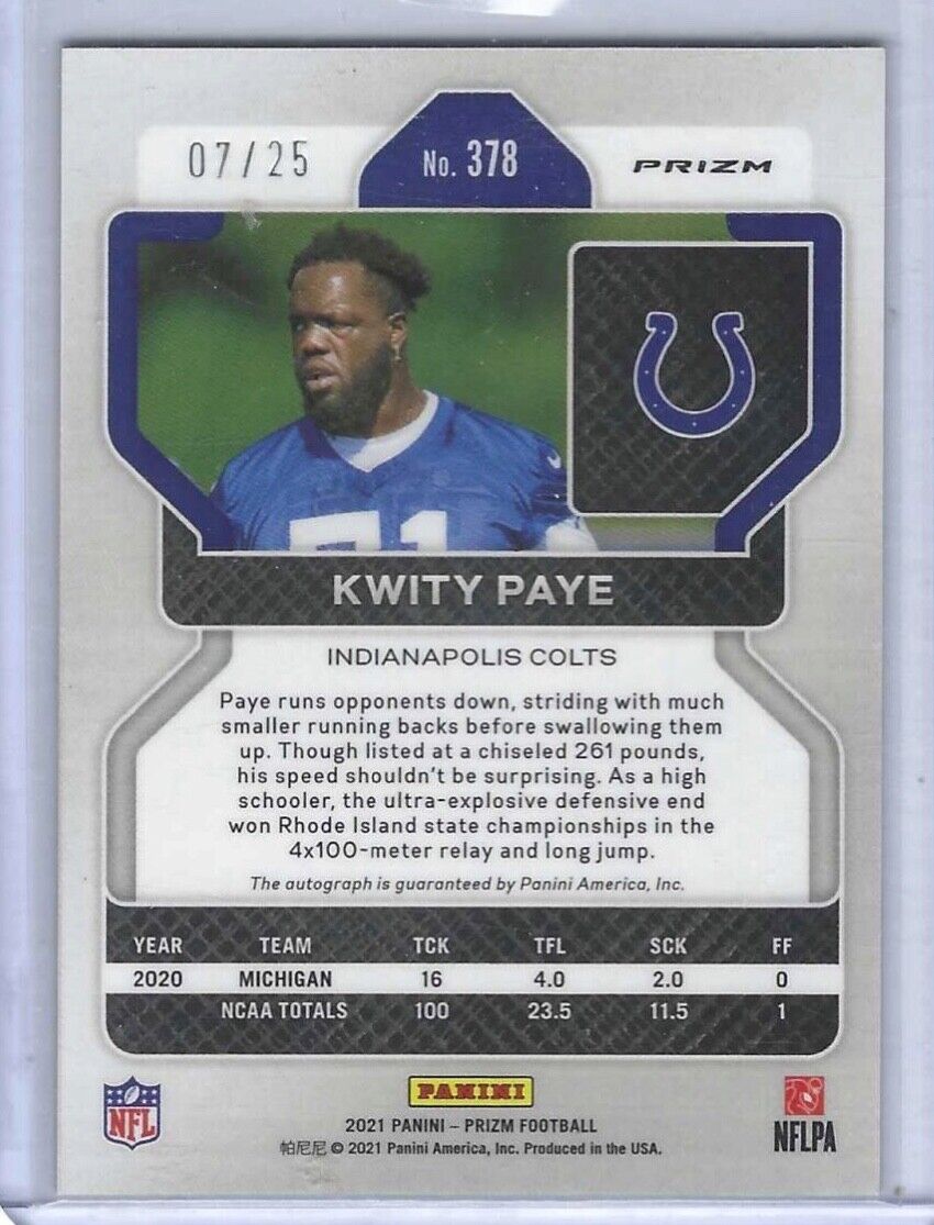 KWITY PAYE 2021 PANINI PRIZM CAMO PRIZMS ROOKIE AUTO RC #D 07/25