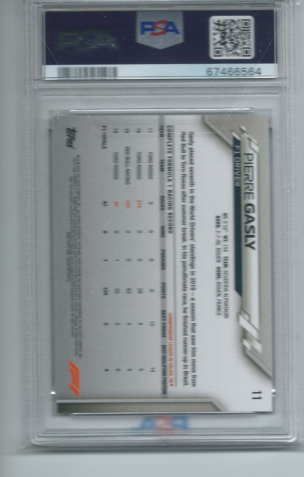 PIERRE GASLY 2020 TOPPS CHROME F1 FORMULA ONE PORTRAIT #11 PSA 9 MINT