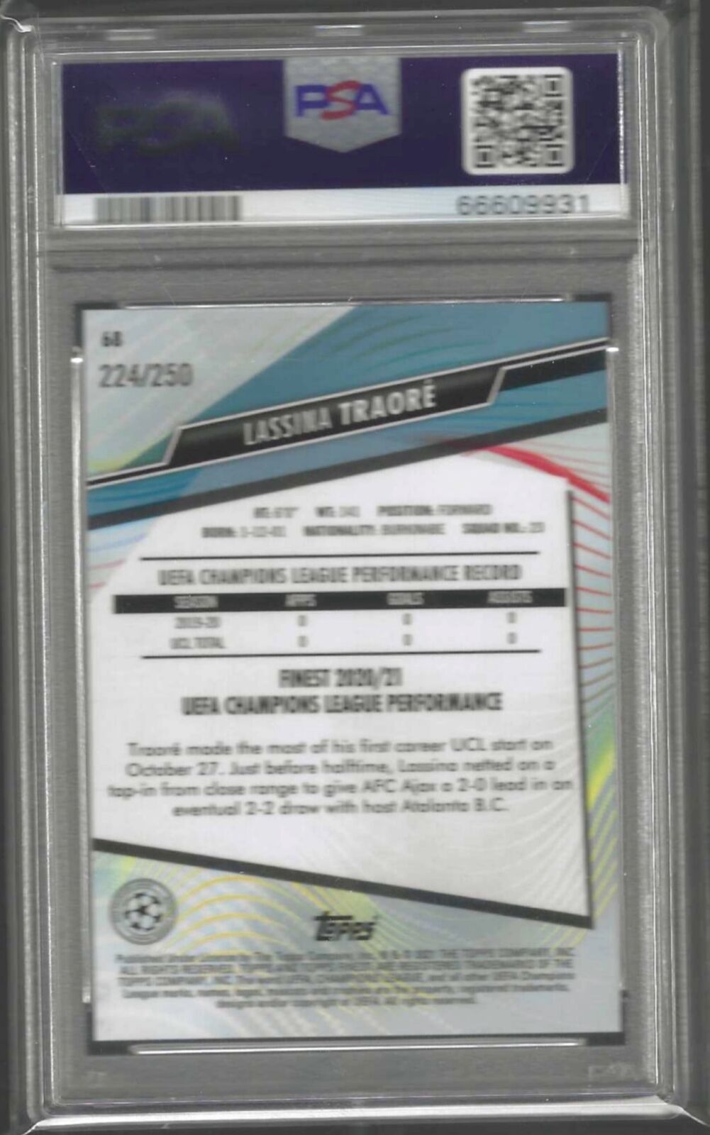 LASSINA TRAORE 2020-21 TOPPS FINEST PURPLE REFRACTOR RC /250 PSA 10 GEM POP 1/1