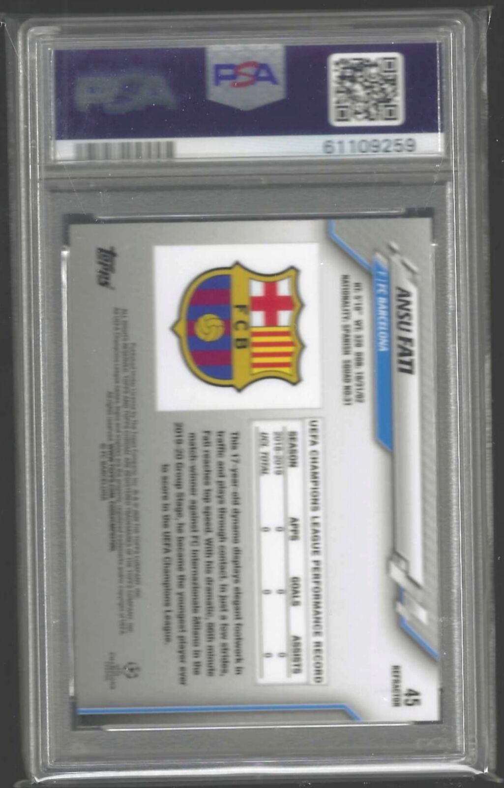 ANSU FATI 2019-20 TOPPS CHROME SILVER REFRACTOR RC #45 PSA 10 GEM MINT