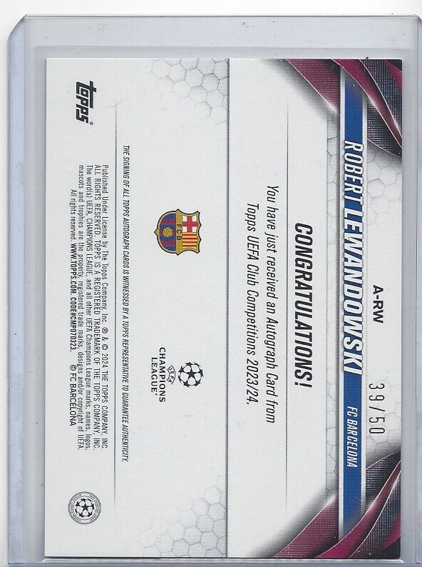 ROBERT LEWANDOWSKI 2023-24 TOPPS CLUB COMPETITIONS GOLD FOIL AUTO #D 39/50