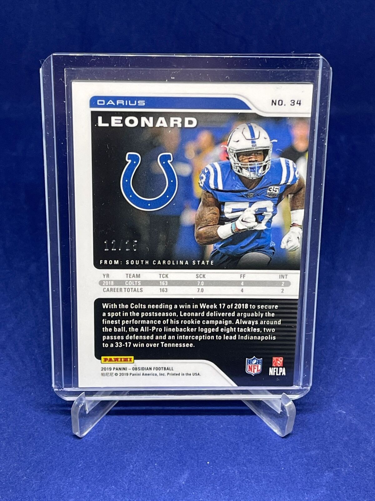 DARIUS LEONARD 2019 PANINI OBSIDIAN GREEN ELECTRIC ETCH #D 12/25