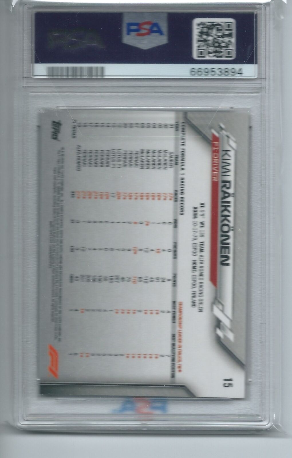KIMI RAIKKONEN 2020 TOPPS CHROME F1 70TH ANNIV ORANGE REFRACTOR #15 PSA 10 POP 8