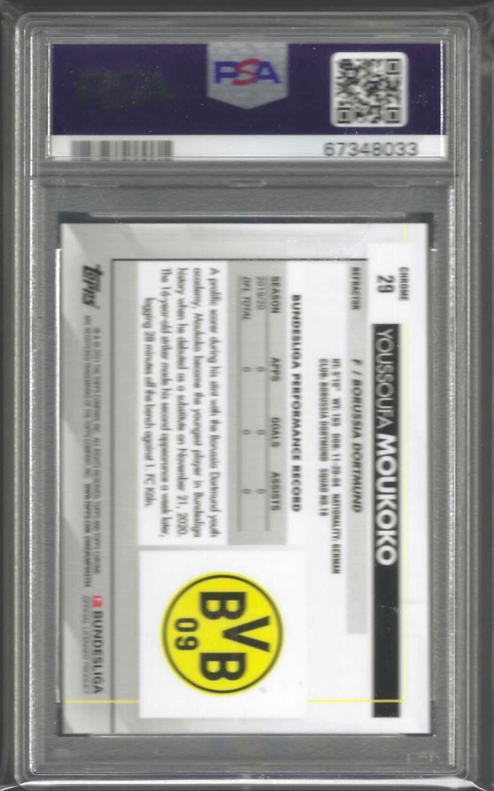 YOUSSOUFA MOUKOKO 2020-21 TOPPS CHROME BUNDESLIGA REFRACTOR RC #29 PSA 10 GEM