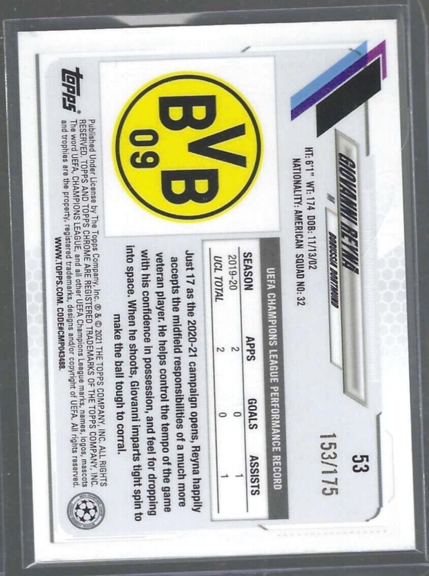 GIOVANNI REYNA 2020-21 TOPPS CHROME UCL UEFA PINK REFRACTOR #D 153/175