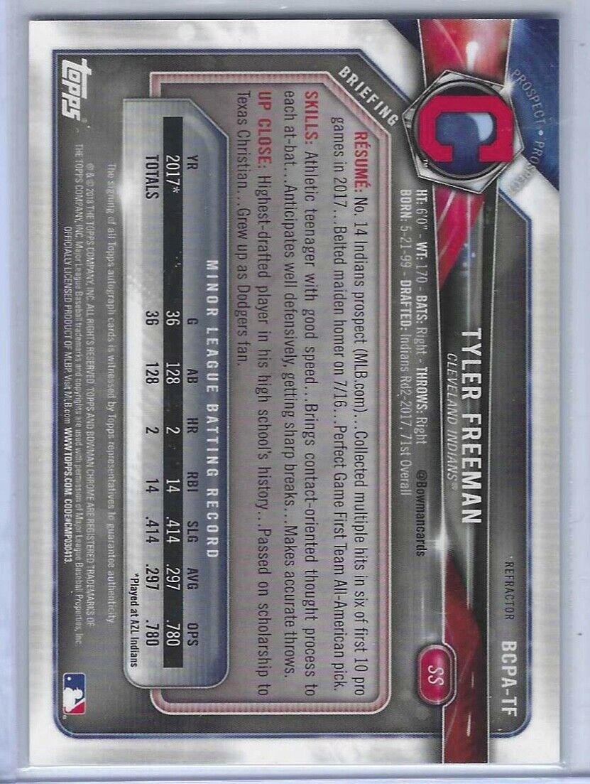 TYLER FREEMAN 2018 BOWMAN CHROME REFRACTOR PROSPECT AUTO #D 397/499
