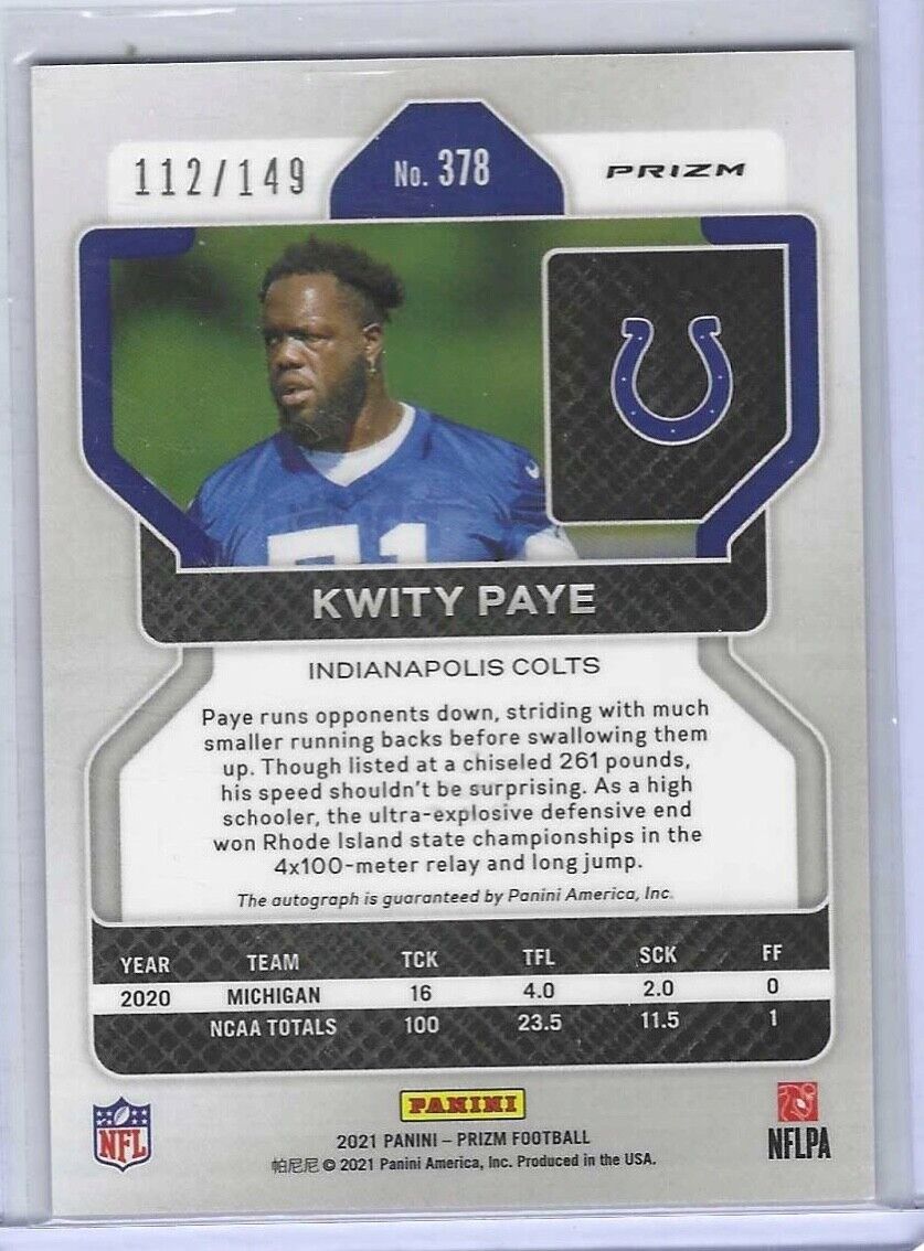 KWITY PAYE 2021 PANINI PRIZM RED WAVE PRIZMS ROOKIE AUTO RC #D 112/149