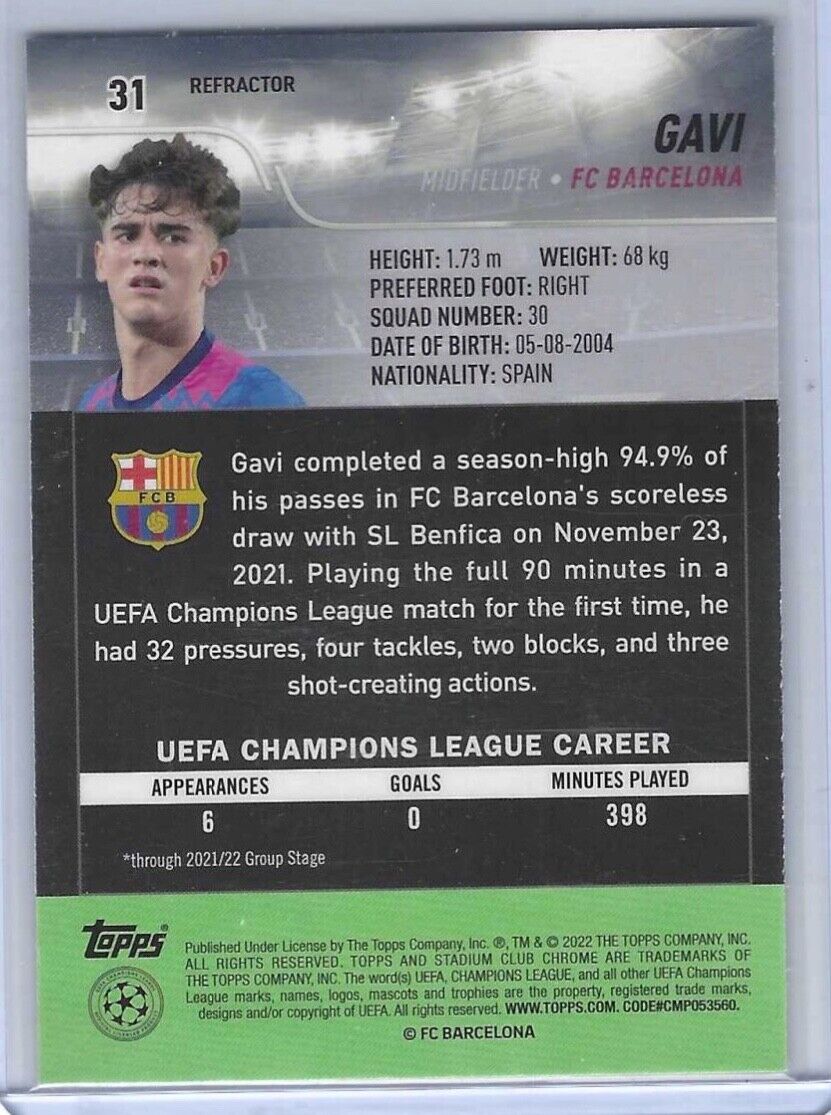 GAVI 2021-22 TOPPS STADIUM CLUB CHROME REFRACTOR ROOKIE RC #31