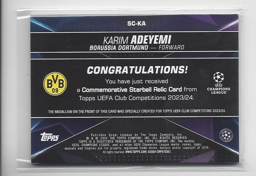 KARIM ADEYEMI 2023-24 TOPPS CLUB COMPETITIONS UCL STARBALL RELIC PATCH