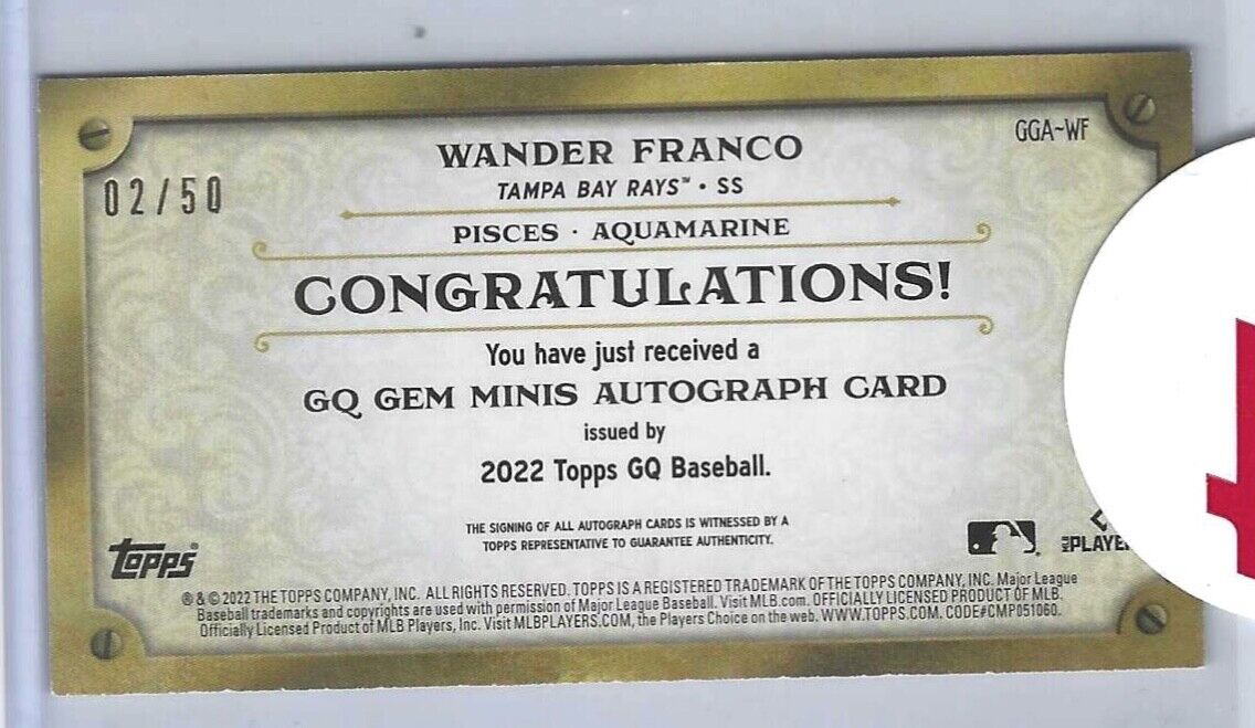 WANDER FRANCO 2022 TOPPS GYPSY QUEEN GEMS MINI ROOKIE ON CARD AUTO RC #D 02/50