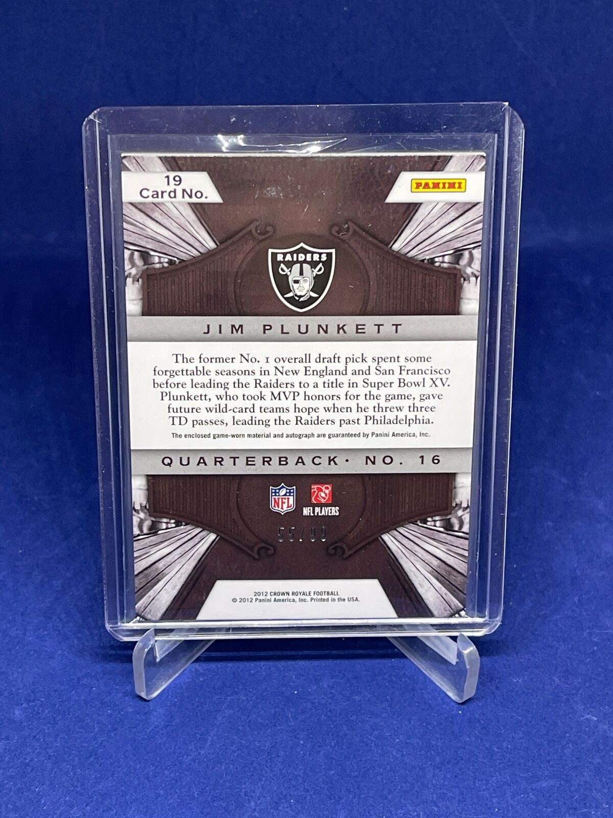 JIM PLUNKETT 2012 PANINI CROWN ROYALE GOLD SILHOUETTES JERSEY AUTO #D 55/99