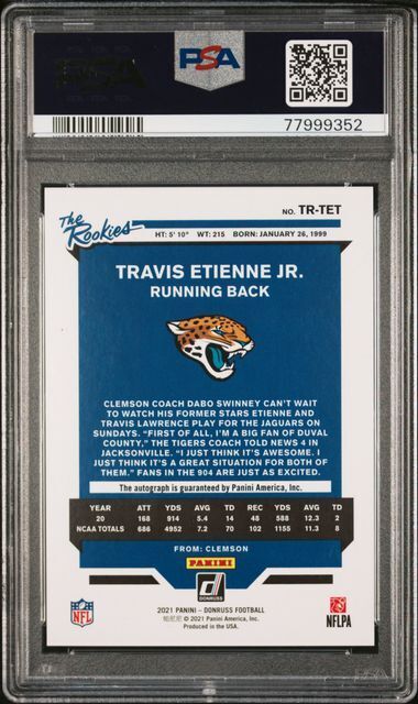 TRAVIS ETIENNE JR 2021 PANINI DONRUSS THE ROOKIES AUTO RC /299 PSA 10 GEM MINT
