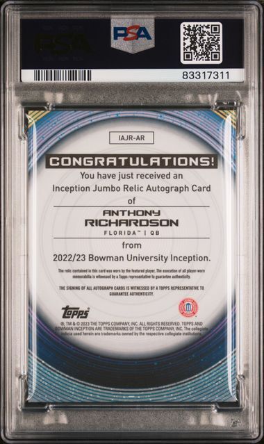 ANTHONY RICHARDSON 2022 BOWMAN INCEPTION JUMBO JERSEY AUTO RC /199 PSA 10 POP 4