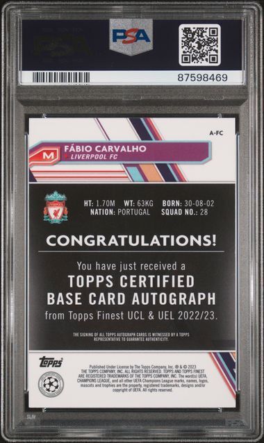 FABIO CARVALHO 2022-23 FINEST GREEN WAVE REFRACTOR AUTO RC 20/99 PSA 10 POP 1/1