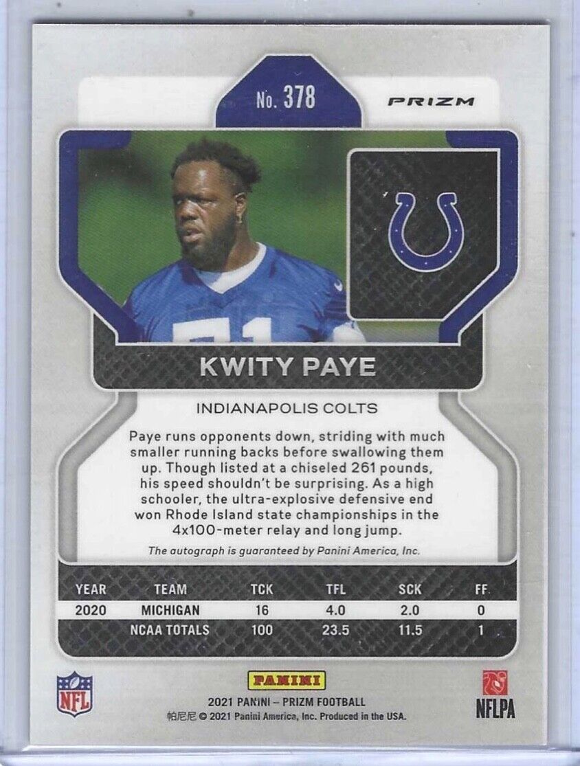 KWITY PAYE 2021 PANINI PRIZM PURPLE PULSAR PRIZMS ROOKIE AUTO RC #378