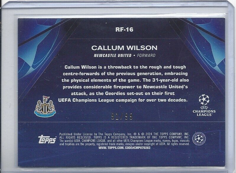CALLUM WILSON 2023-24 TOPPS CLUB COMPETITIONS ROAD TO LONDON BLUE ICY FOIL /99