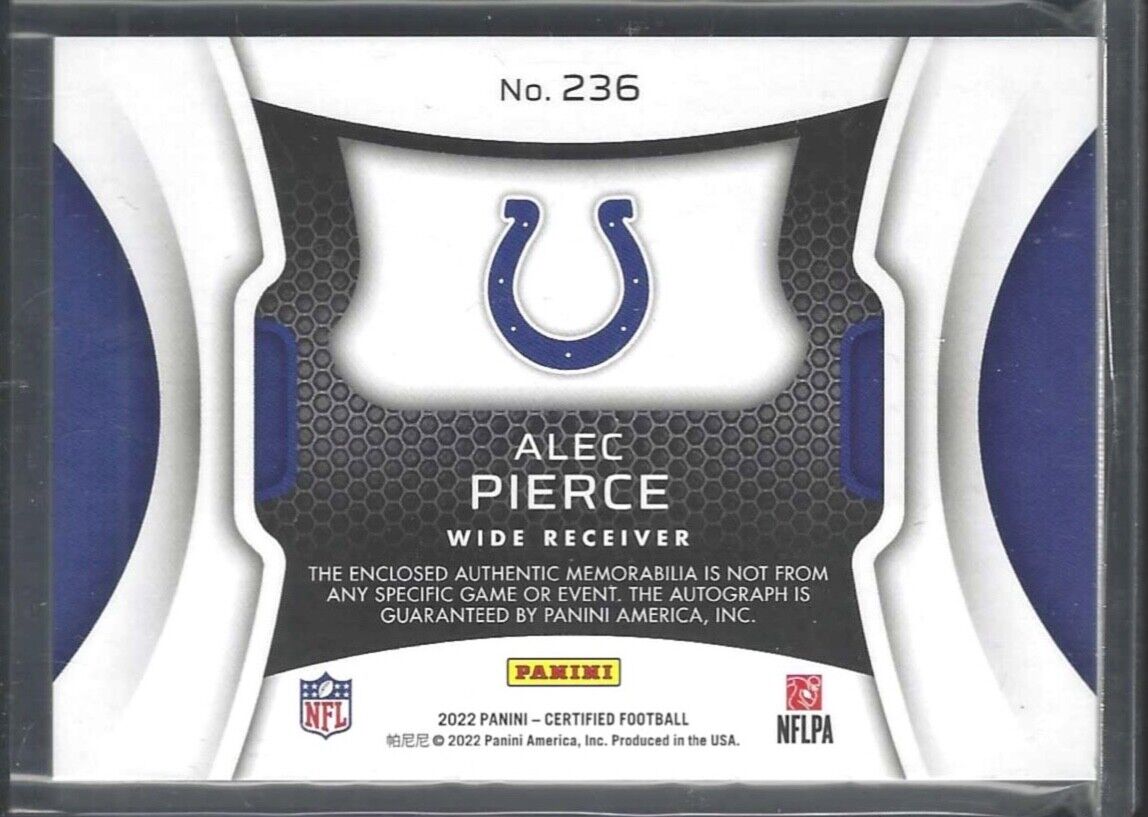 ALEC PIERCE 2022 PANINI CERTIFIED BRONZE FRESHMAN FABRIC PATCH AUTO RC #D /299