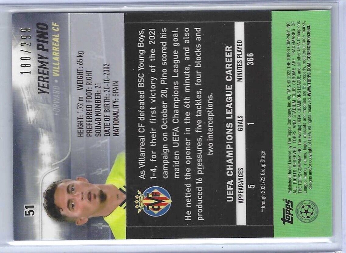YEREMY PINO 2021-22 TOPPS STADIUM CLUB CHROME NEGATIVE REFRACTOR RC #D 180/299