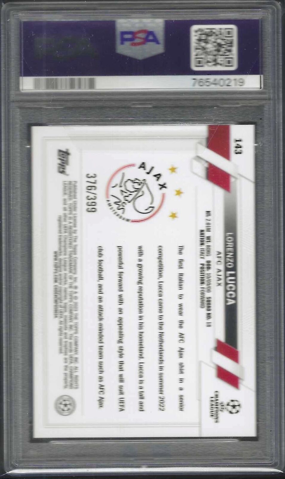 LORENZO LUCCA 2022-23 TOPPS UEFA ICY AQUA FOIL RC /399 PSA 10 GEM MINT POP 1/1