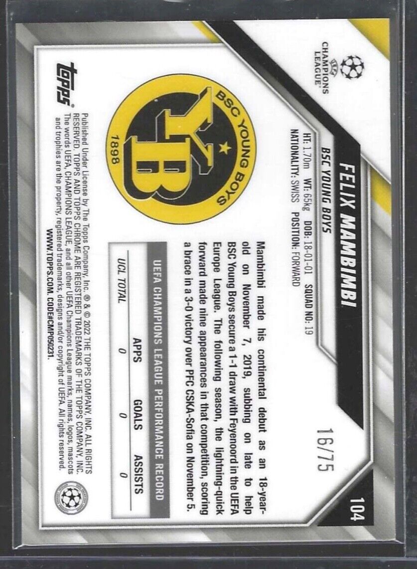FELIX MAMBIMBI 2021-22 TOPPS CHROME BLUE WAVE REFRACTOR ROOKIE RC #D 16/75