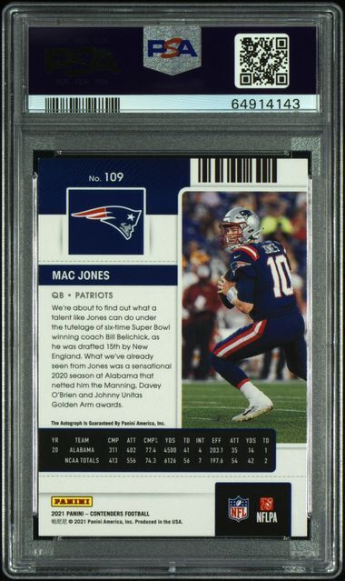 MAC JONES 2021 PANINI CONTENDERS ROOKIE TICKET ON CARD AUTO RC #109 PSA 8 MINT