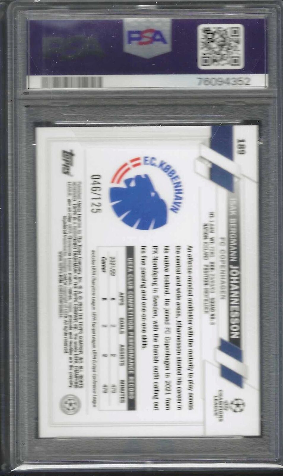 ISAK BERGMANN JOHANNESSON 2022-23 TOPPS BLUE INFERNO FOIL RC /125 PSA 10 POP 1/1