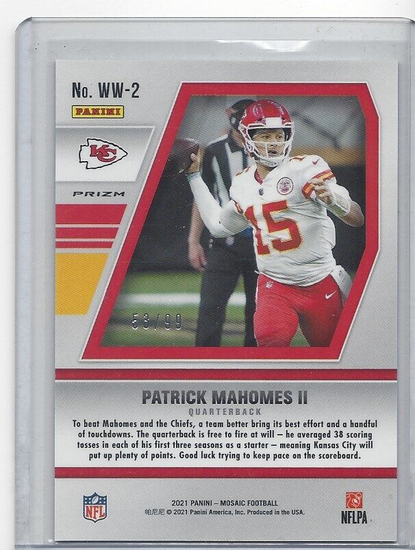 PATRICK MAHOMES II 2021 PANINI MOSAIC WILL TO WIN BLUE REACTIVE PRIZM #D 53/99