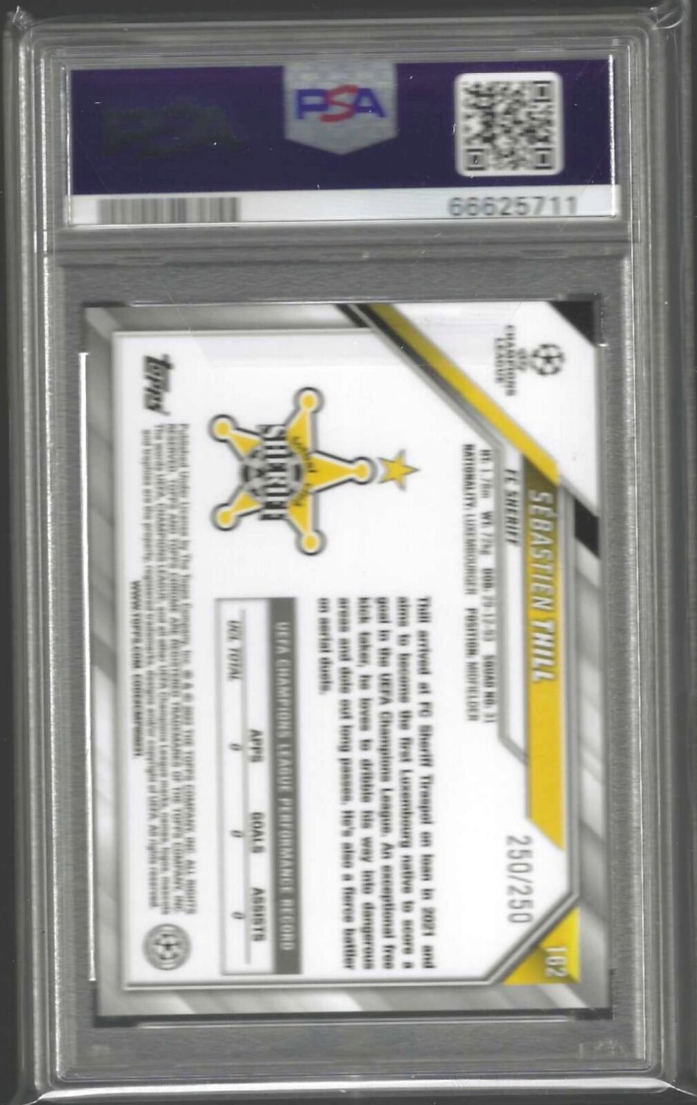 SEBASTIEN THILL 2021-22 TOPPS CHROME PURPLE REFRACTOR RC / 250 PSA 10 GEM POP 1