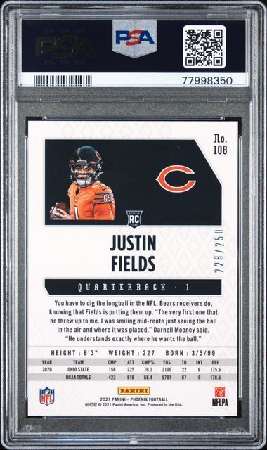 JUSTIN FIELDS 2021 PANINI PHOENIX RED PRIZM RC #D 228/250 PSA 10 GEM MINT