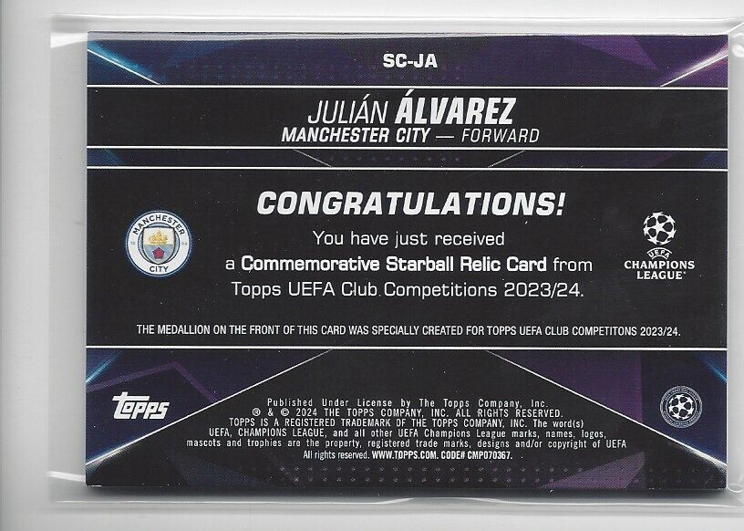 JULIAN ALVAREZ 2023-24 TOPPS CLUB COMPETITIONS UCL STARBALL RELIC PATCH