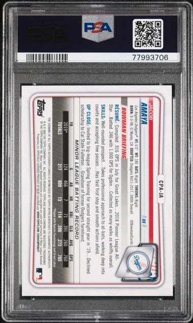 JACOB AMAYA 2020 BOWMAN CHROME PROSPECTS 1ST SPECKLE REFRACTOR AUTO /299 PSA 10