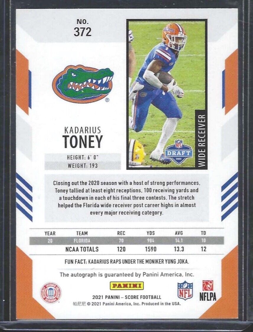 KADARIUS TONEY 2021 PANINI SCORE ROOKIE AUTO RC #372