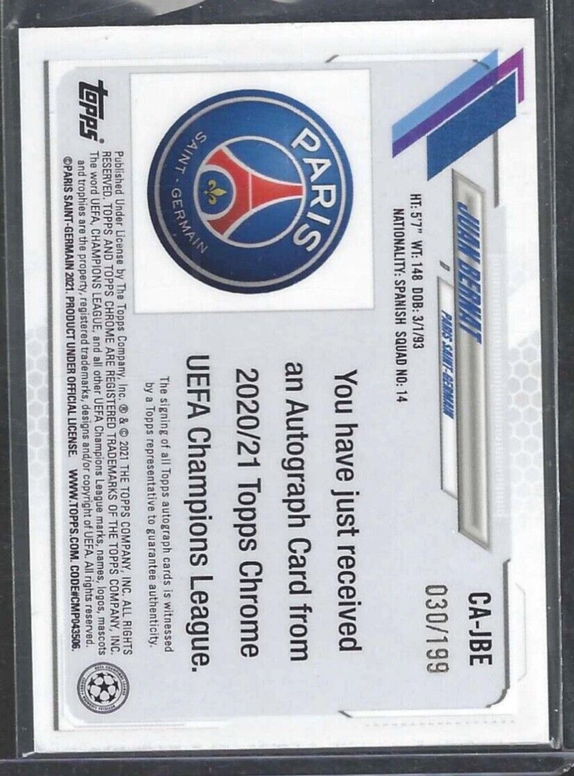 JUAN BERNAT 2020-21 TOPPS CHROME UEFA AQUA REFRACTOR AUTO #D 030/199