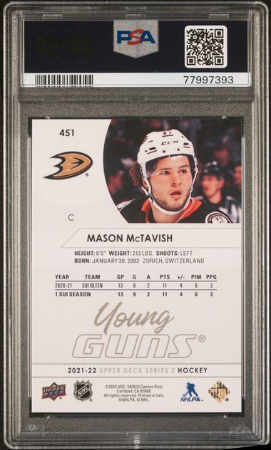 MASON MCTAVISH 2021 UPPER DECK YOUNG GUNS ROOKIE RC #451 PSA 10 GEM MINT