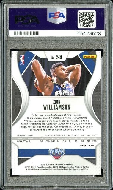 ZION WILLIAMSON 2019-20 PANINI PRIZM SILVER PRIZM RC #248 PSA 10 GEM MINT
