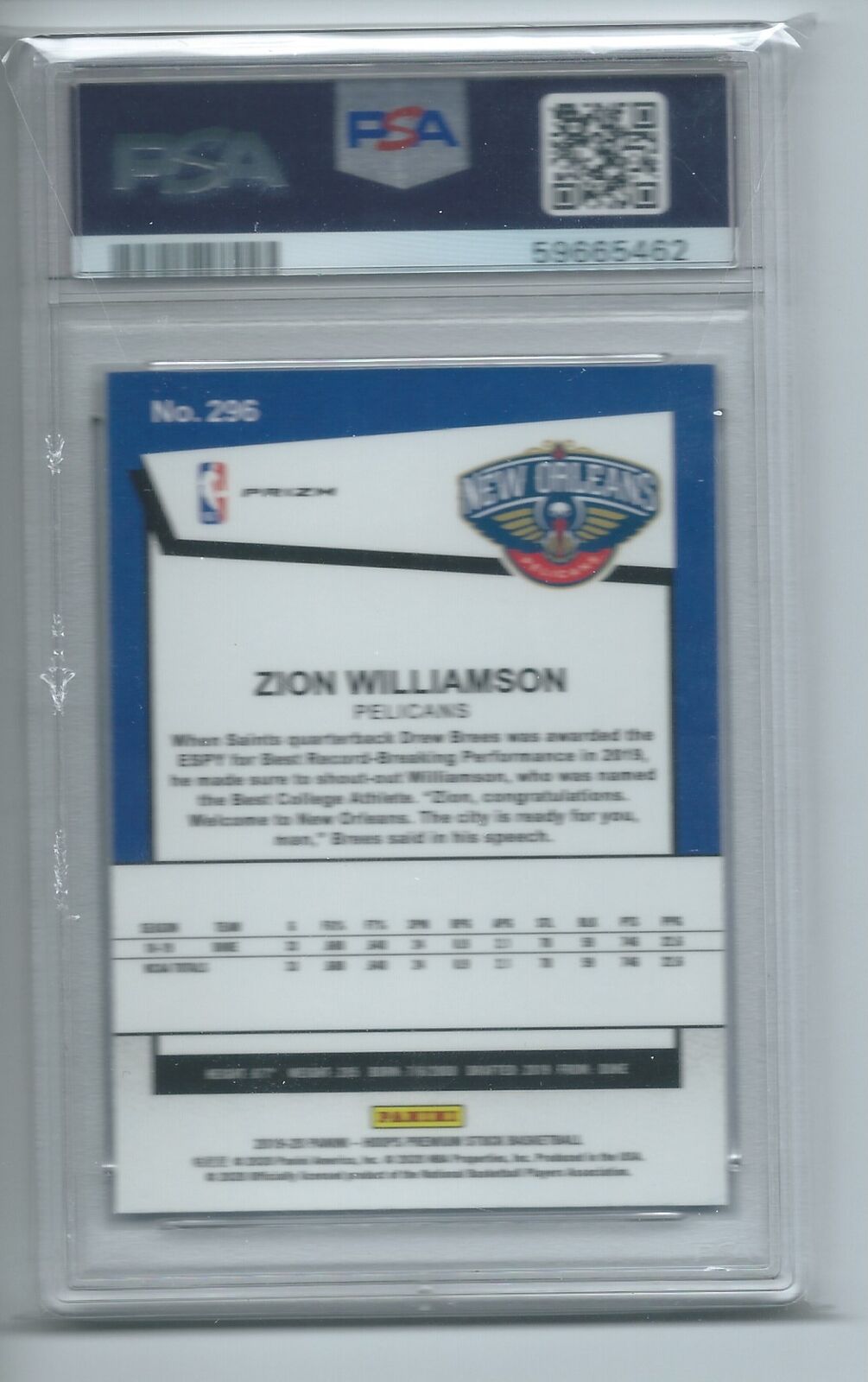 ZION WILLIAMSON 2019-20 PANINI HOOPS PREMIUM STOCK BLUE ICE PRIZM RC 296 PSA 10