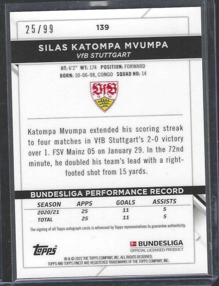 SILAS KATOMPA MVUMPA 2021-22 TOPPS FINEST BUNDES PURPLE REFRACTOR AUTO #D 25/99
