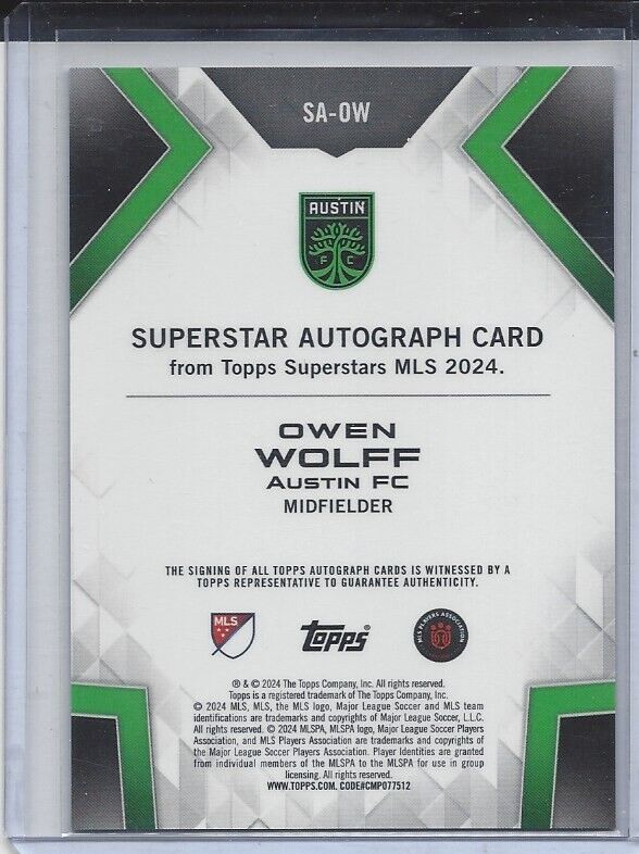 OWENN WOLFF 2024 TOPPS MLS SUPERSTARS REFRACTOR AUTO #SA-MA