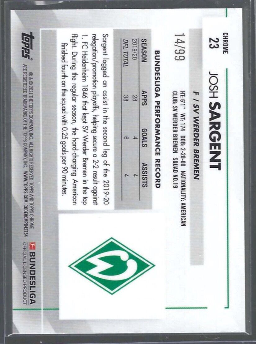 JOSH SARGENT 2020-21 TOPPS CHROME BUNDESLIGA GREEN WAVE REFRACTOR #D 14/99