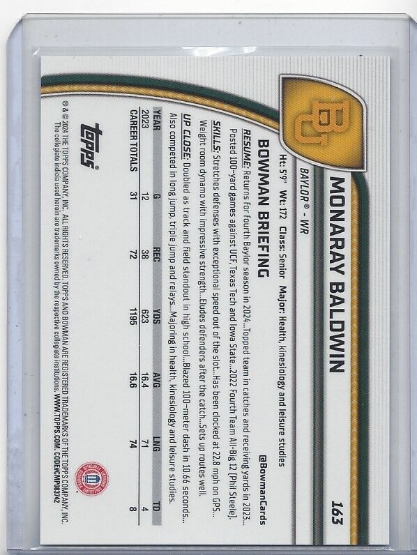 MONORAY BALDWIN 20224 BOWMAN CHROME UNIVERSITY AQUA BAYLOR REFRACTOR /299