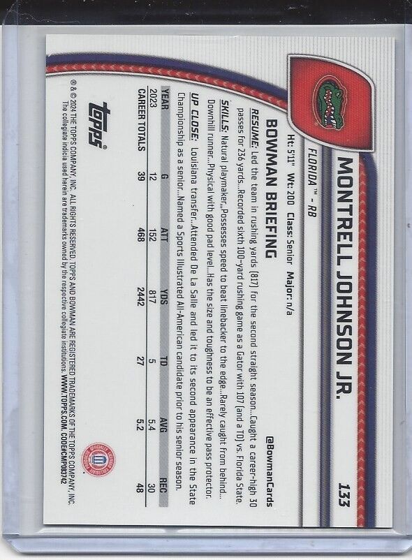 MONTRELL JOHNSON JR 20224 BOWMAN CHROME UNIVERSITY YELLOW FLORIDA REFRACTOR /75