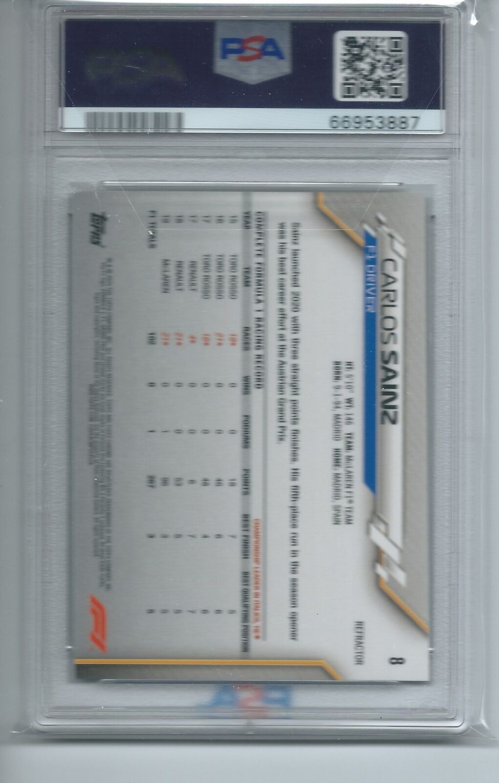 CARLOS SAINZ 2020 TOPPS CHROME FORMULA 1 F1 PORTRAIT REFRACTOR #8 PSA 10 GEM