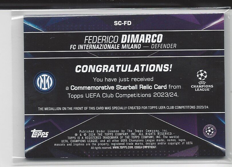 FEDERICO DIMARCO 2023-24 TOPPS CLUB COMPETITIONS UCL STARBALL RELIC PATCH